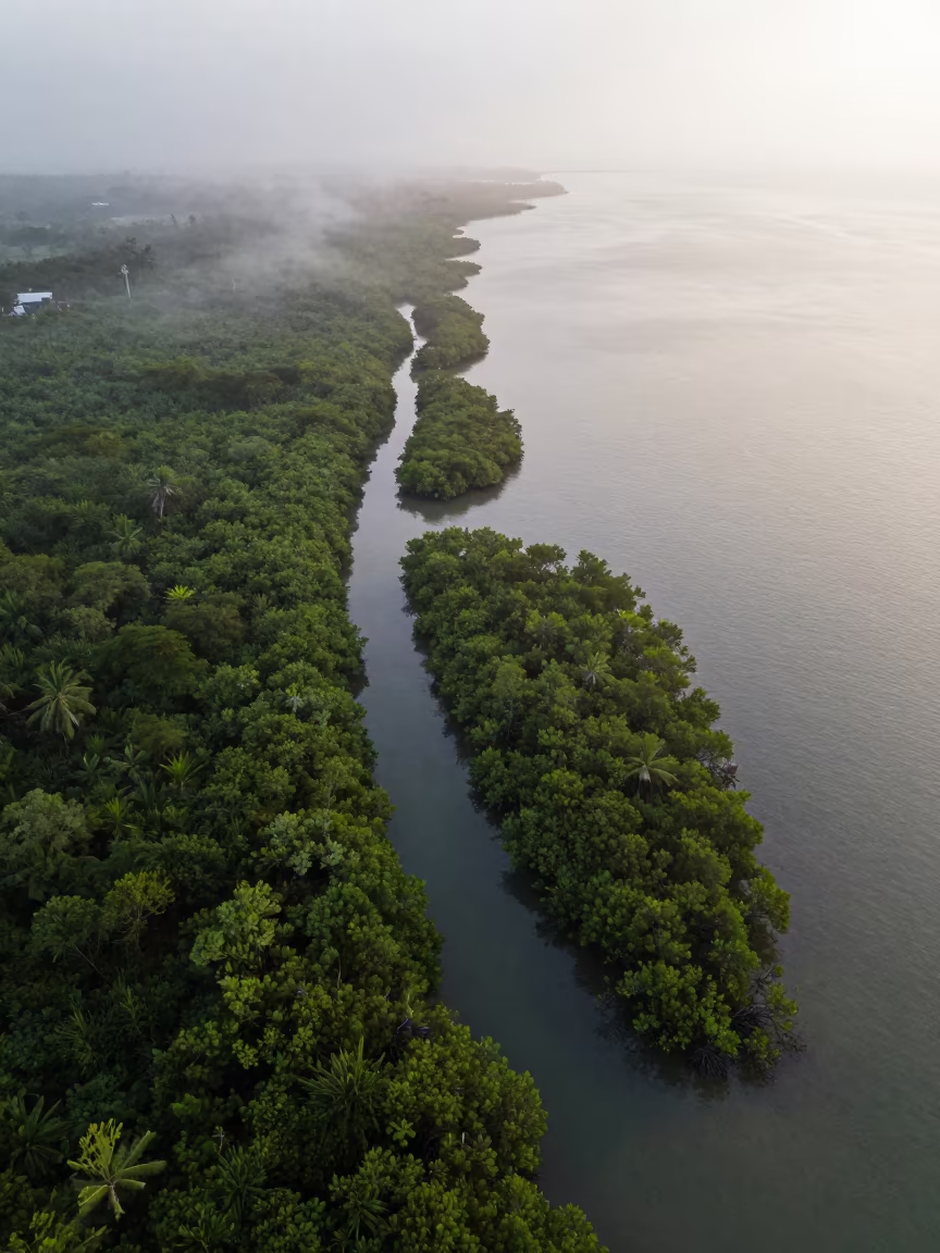 Aerial Dawn View of Zanzibar Mangrove Coastline in near Zanzibar City