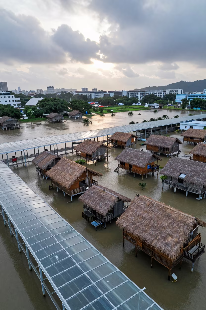 Aerial Delta Village Stilt Houses Monsoon Light in inside a glass-roofed arcade near Shenzhen