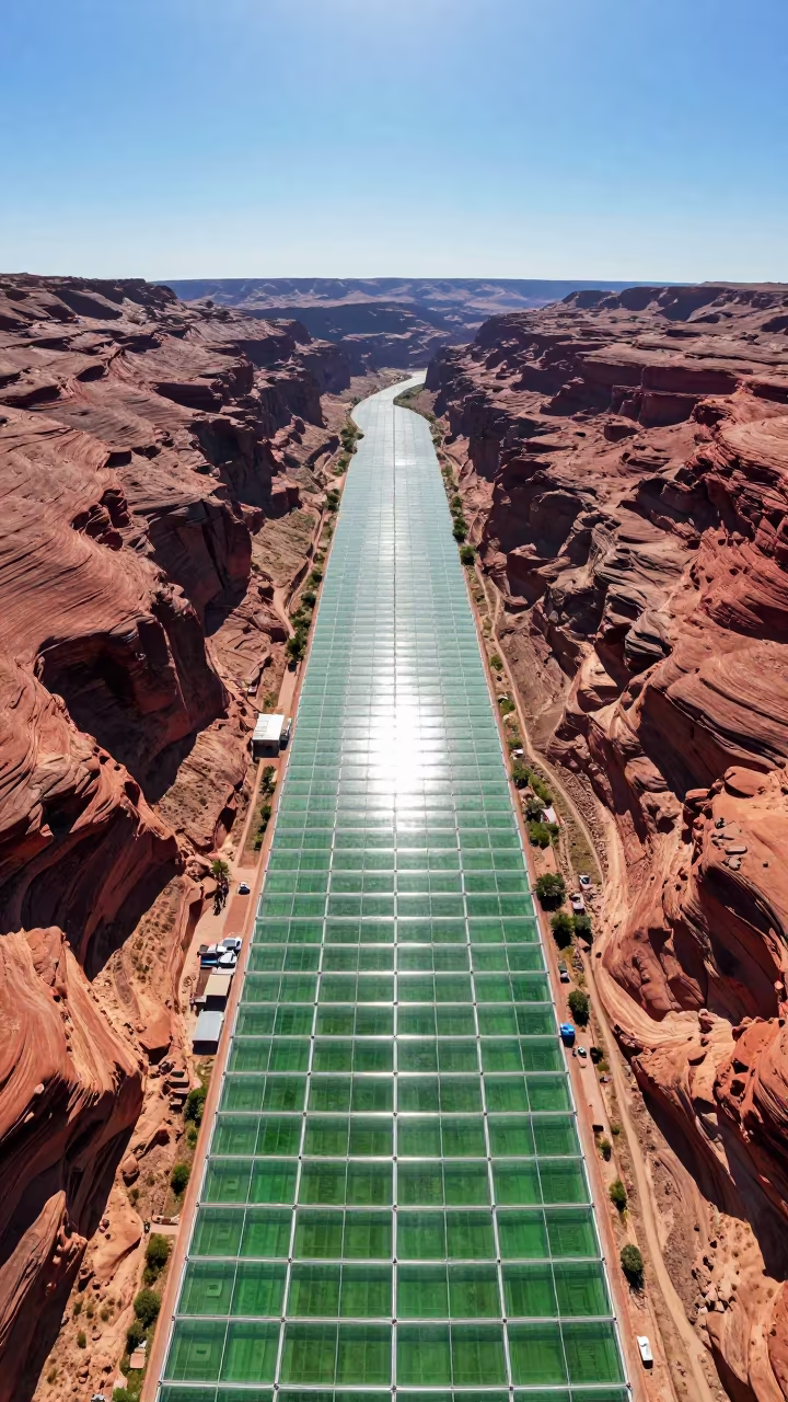 Aerial View of Desert Canyon and Greenhouse Grids in high over greenhouse grids in Egypt