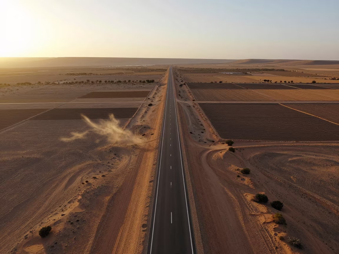 Aerial View of Straight Desert Highway Morocco in high above irrigation geometry in Morocco