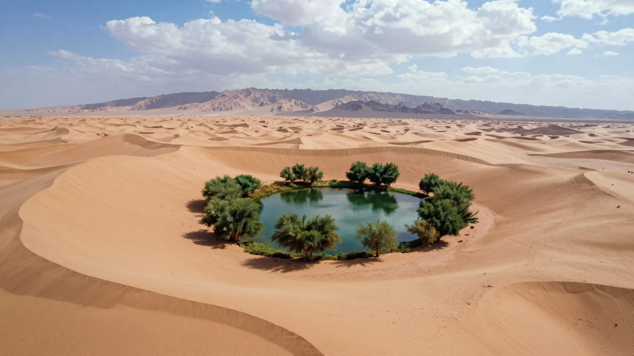 Aerial Desert Oasis Amid Dunes Near Dubai in near Dubai