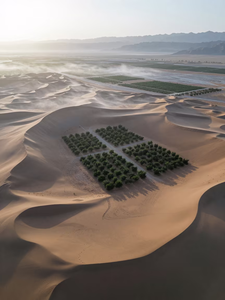 Aerial Desert Oasis Utah Dunes Dawn Mist in far above orchard blocks and irrigation lines in Utah