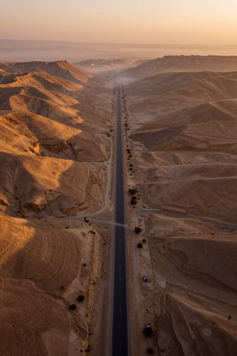 Aerial View of Desert Switchbacks Near Cairo in far above terraced hillsides near Cairo
