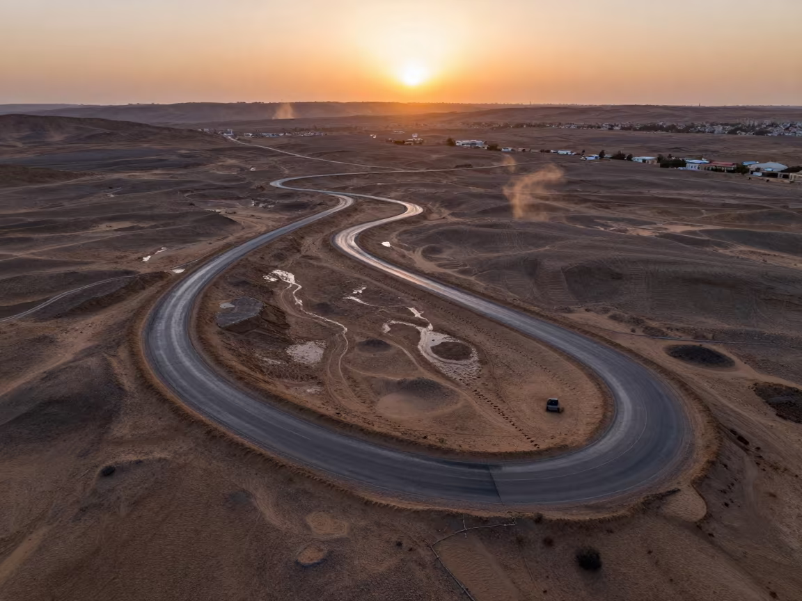 Aerial Desert Switchbacks Under Copper Sunset After Rain in high above patterned rooftops near Isfahan