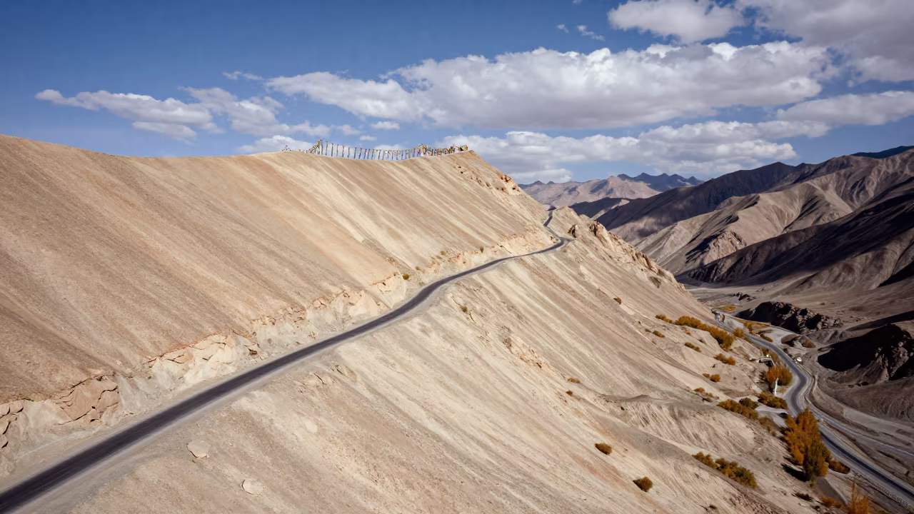 Aerial Desert Switchbacks Leh Ridge Autumn in on a wind-cut ridge below prayer flag lines near Leh