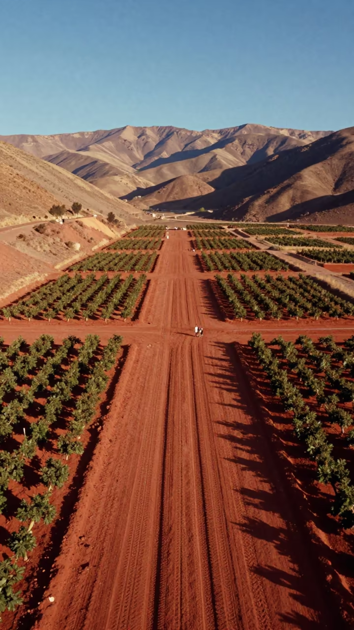 Aerial View of Desert Tracks in Peruvian Orchard in far above orchard blocks and irrigation lines in Peru