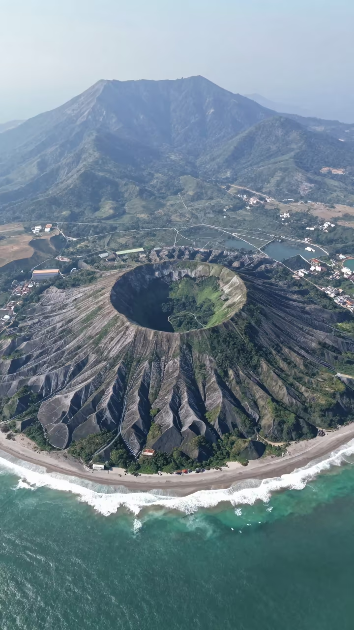 Aerial View of Dormant Volcano Green Crater in far above surf-scalloped coastline in Cambodia
