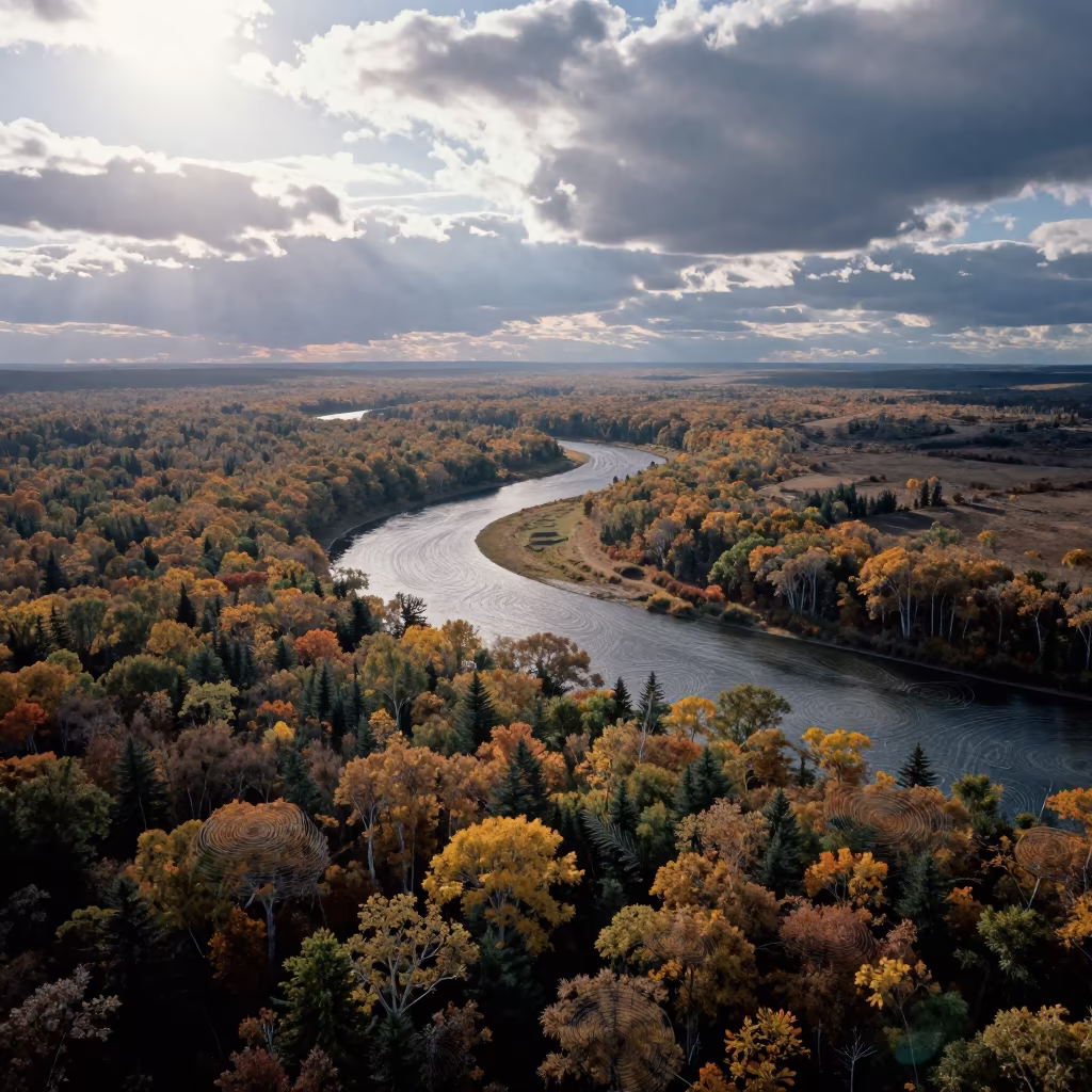 Aerial Double Exposure Tree Rings Over Forest Canopy in far above river meanders near Hohhot