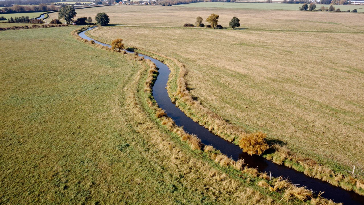 Aerial Dutch Creek Winding Through Snowy Autumn Meadow in far above river meanders in Netherlands