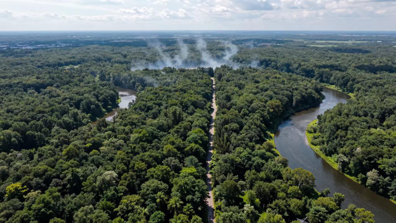 Aerial Fire Break Through Dense Summer Woodland in high above braided river channels near St. Catharines