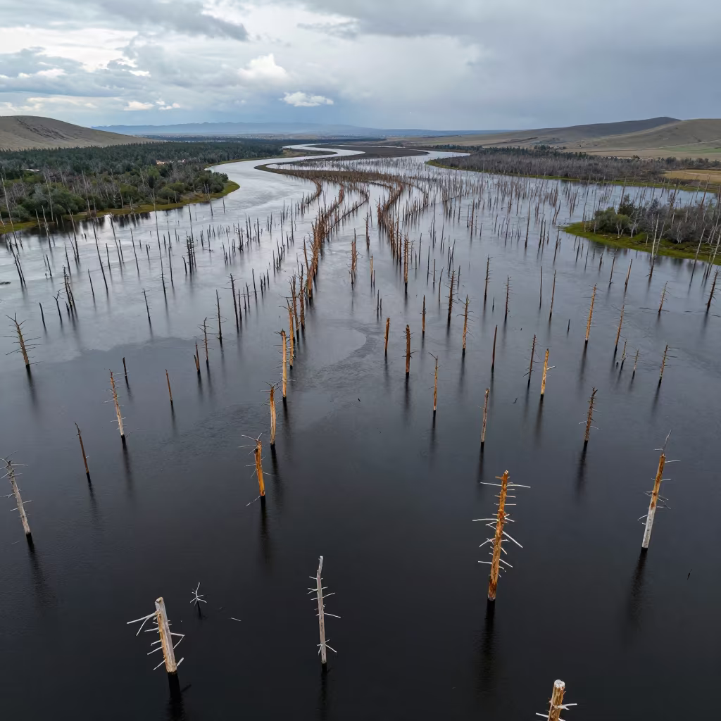 Aerial View of Flooded Forest Trunks in Mongolia in far above river meanders in Mongolia