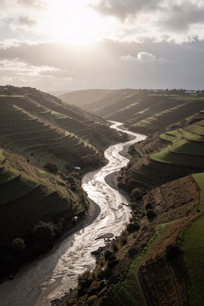 Aerial Floodwater Braided Near Brighton Terraced Hills in far above terraced hillsides near Brighton and Hove