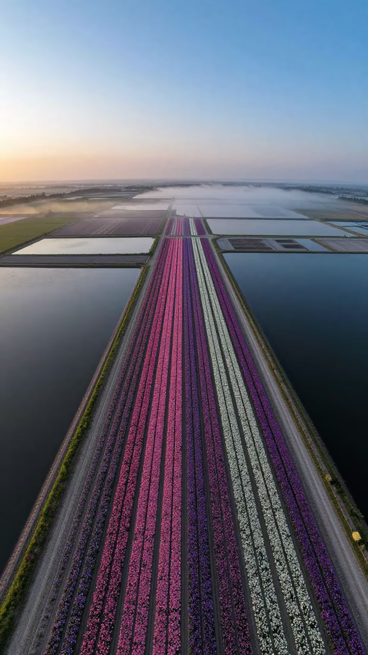 Aerial Flower Bands Over Salt Ponds at Blue Hour in high over salt ponds and causeways near Oshawa