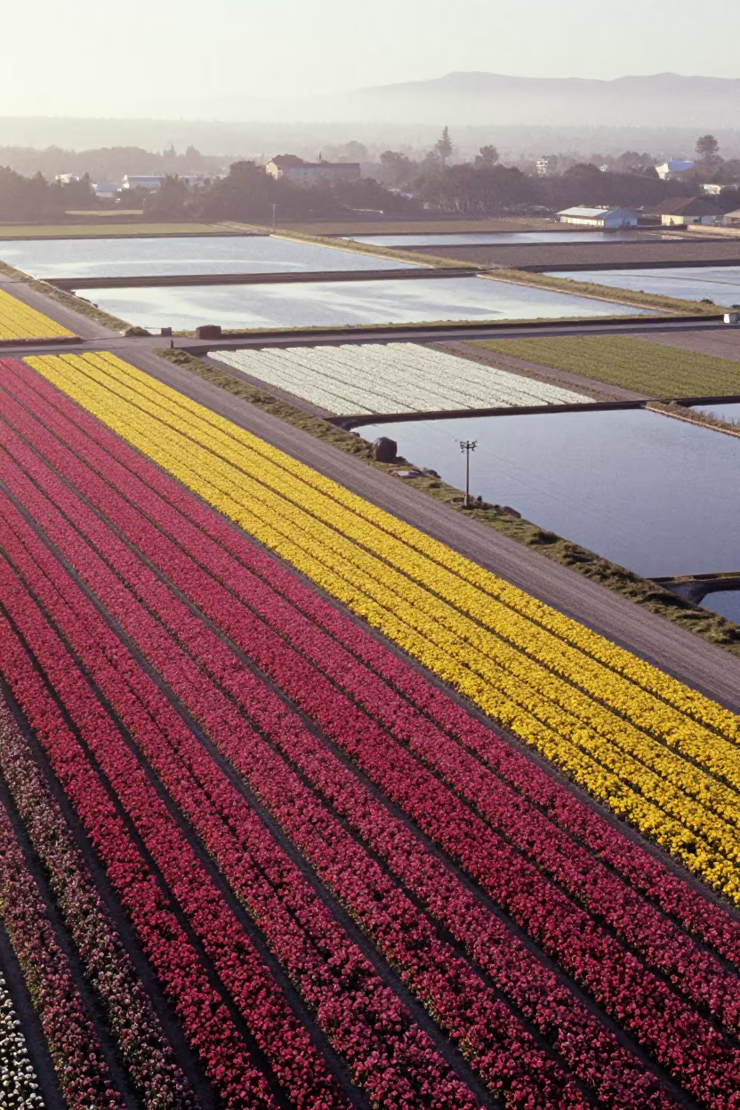 Aerial Flower Fields Near Montevideo Salt Ponds in high over salt ponds and causeways near Ciudad Vieja, Montevideo