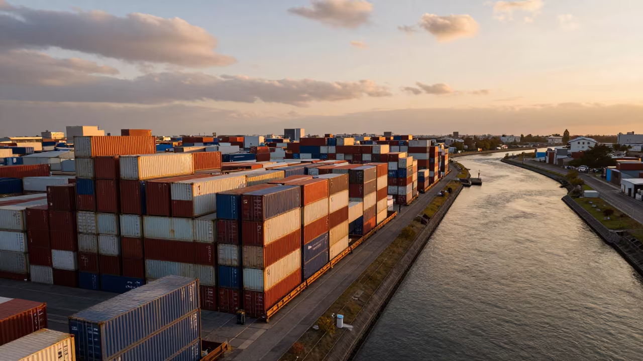 Aerial Freight Containers Near Dotonbori Osaka Harbor in far above river meanders near Dotonbori, Osaka