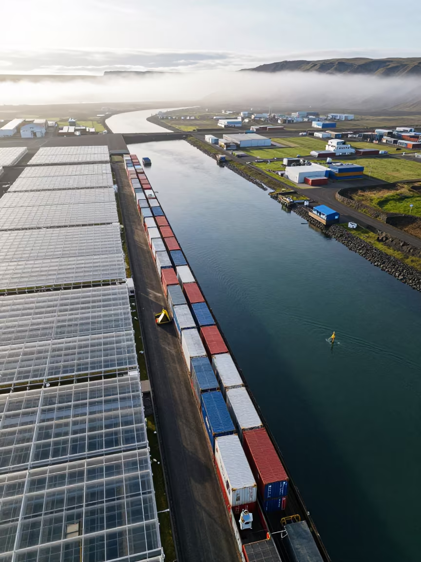 Aerial Freight Containers Iceland Harbor Summer Fog in high over greenhouse grids in Iceland