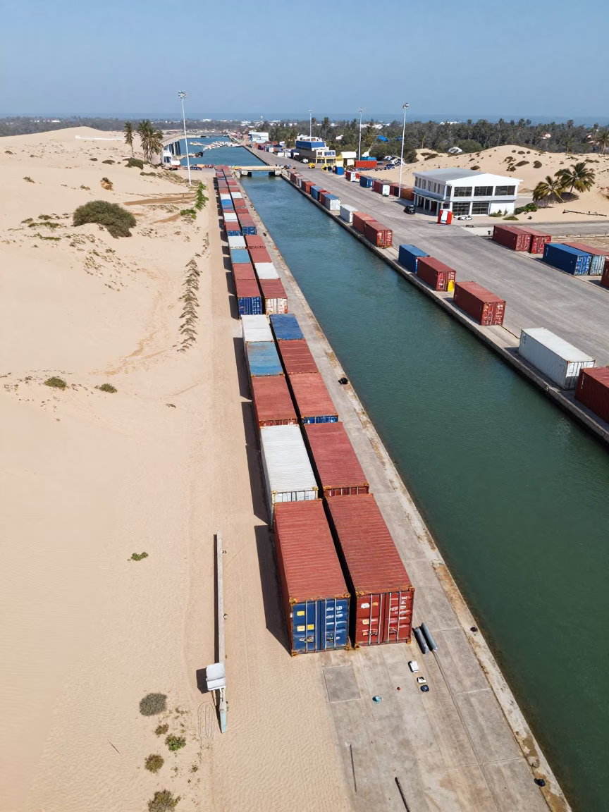 Aerial Freight Containers Kenyan Dune Harbor in above dune fields and dry wadis in Kenya