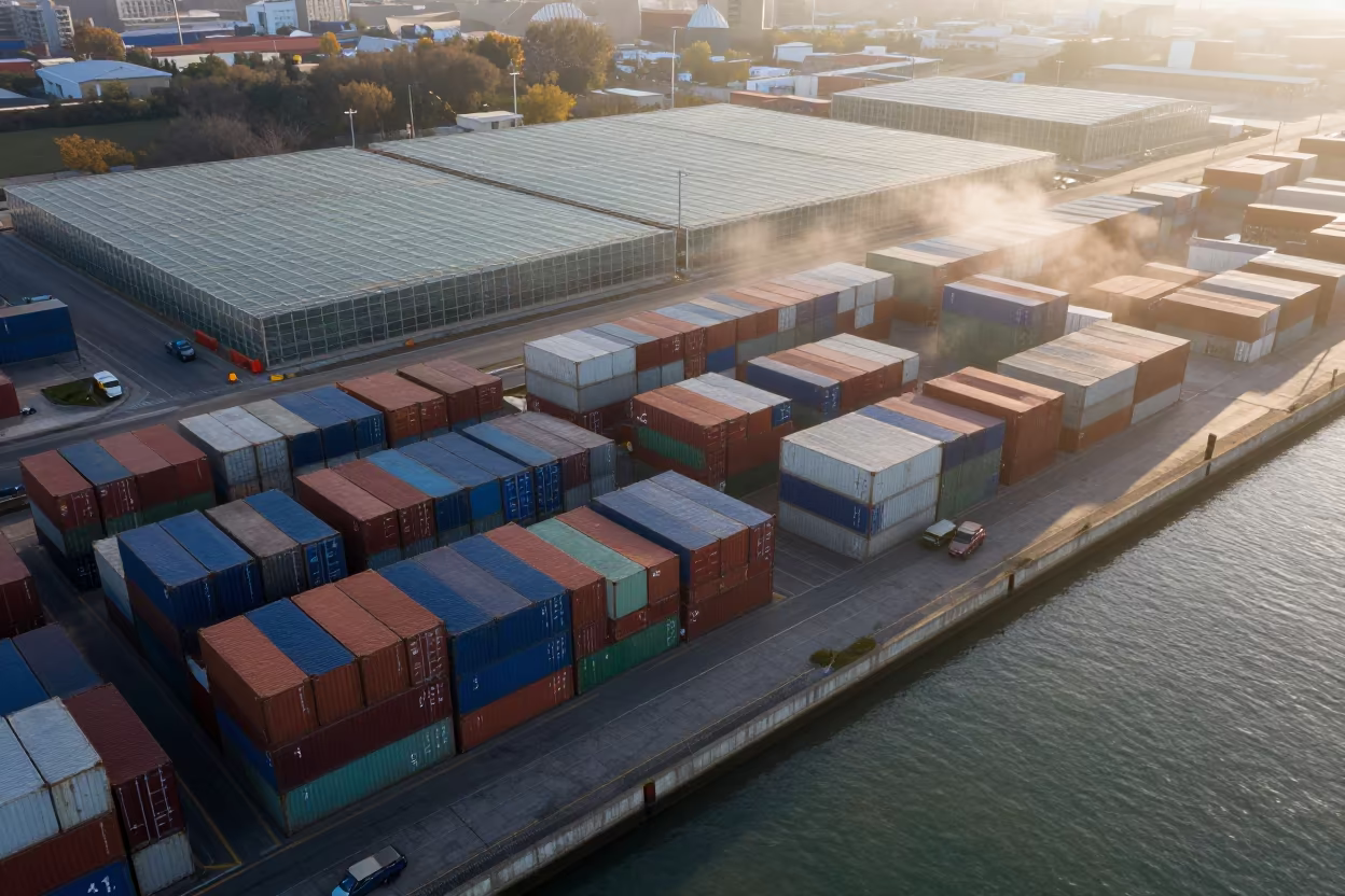 Aerial View of Freight Containers Lisbon Harbor in high over greenhouse grids near Principe Real, Lisbon