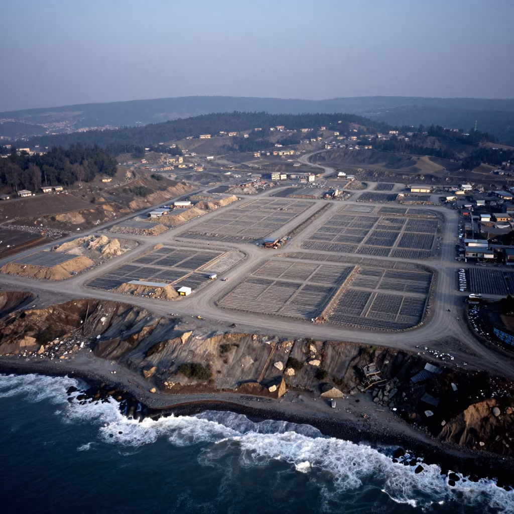 Aerial Geometric Landfill Cells in Sikkim Dawn in far above surf-scalloped coastline in Sikkim