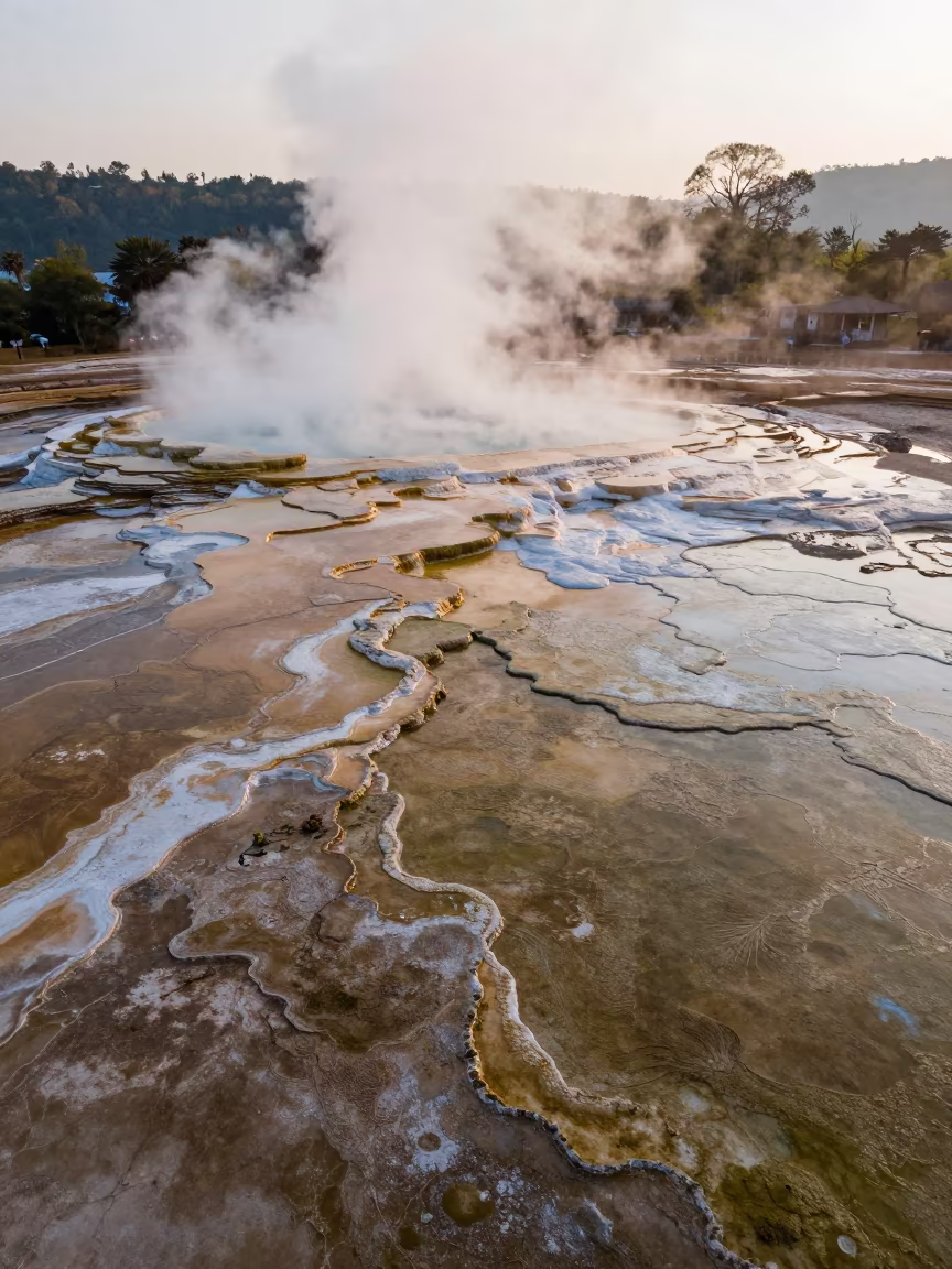 Aerial Geothermal Springs Thailand Morning Fog in high above irrigation geometry in Thailand