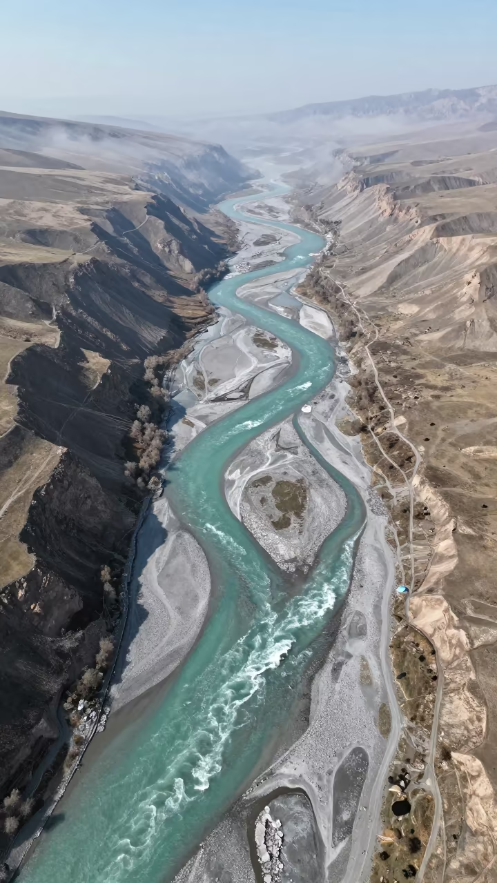 Aerial Glacial River Splitting Turquoise Gray Channels in far above surf-scalloped coastline in Kyrgyzstan
