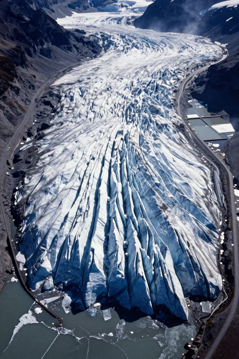 Aerial Glacier Blue Crevasse View in high over salt ponds and causeways in Canada