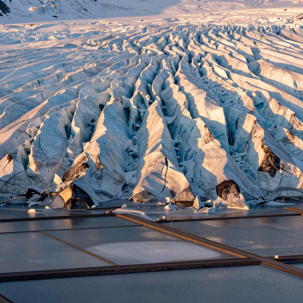 Aerial Glaciers Blue Crevasses Golden Sunset Norway in high over salt ponds and causeways in Norway