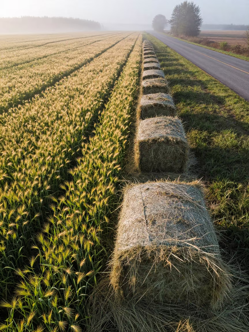 Aerial view of golden barley field before sunrise in Nova Scotia in beside stacked hay bales in Nova Scotia