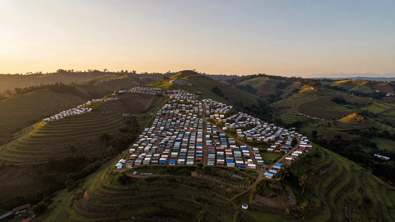 Aerial Golden Hour View of Refugee Camp Colombia in far above terraced hillsides in Colombia