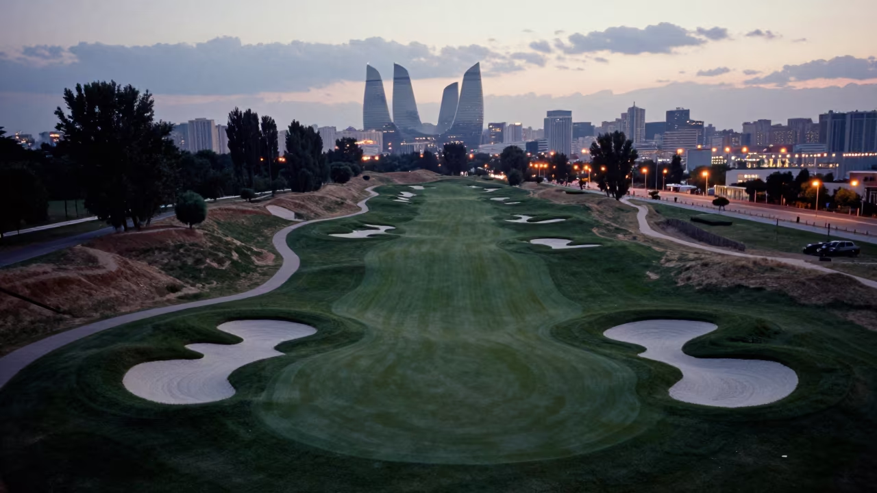 Aerial Golf Course Bunkers Over Baku Hills in far above terraced hillsides near Baku