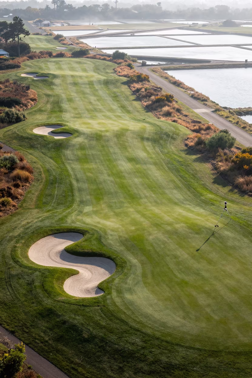 Aerial Golf Course Bunkers Salt Ponds Victoria in high over salt ponds and causeways in Victoria
