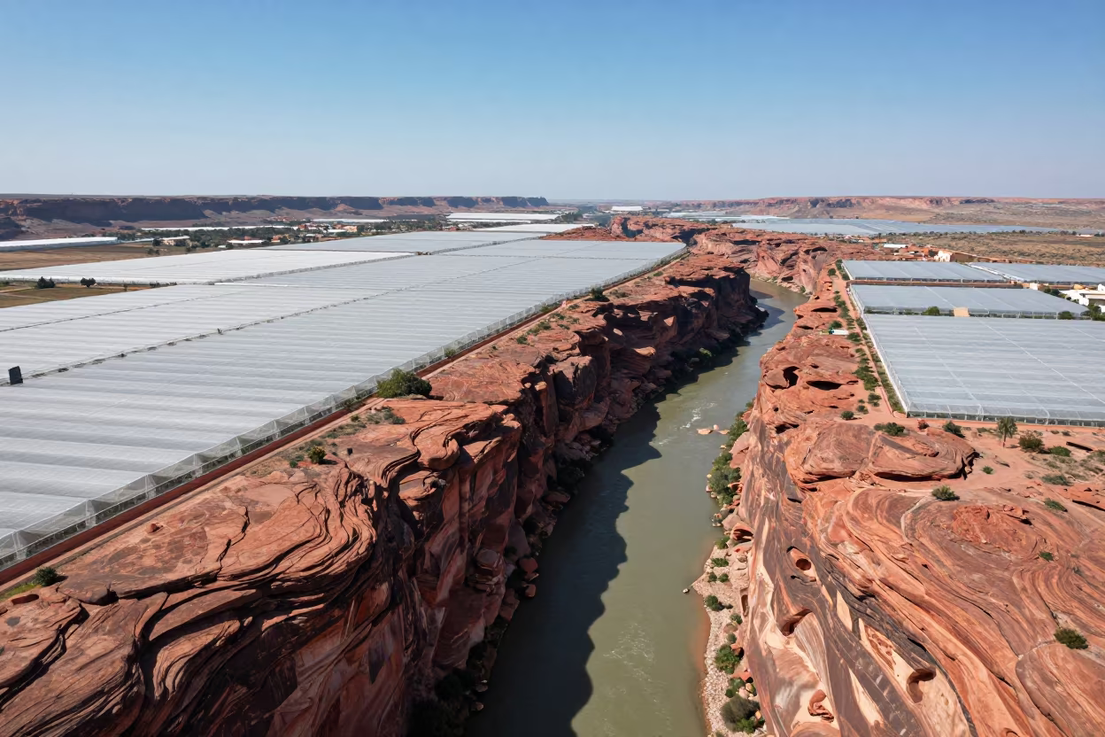 Aerial Gorge in Red Rock Under Greenhouse Grids in high over greenhouse grids in Bahia