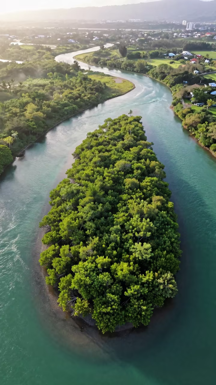 Aerial View Green Mangrove Island Turquoise Water in high above braided river channels in Hawaii