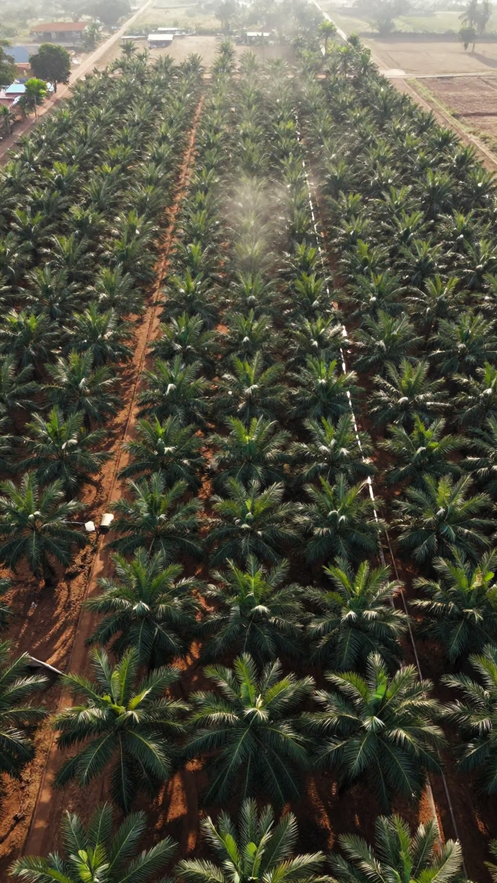 Aerial Grid of Palm Oil Plantation Rows in far above orchard blocks and irrigation lines near Old Market, Phnom Penh