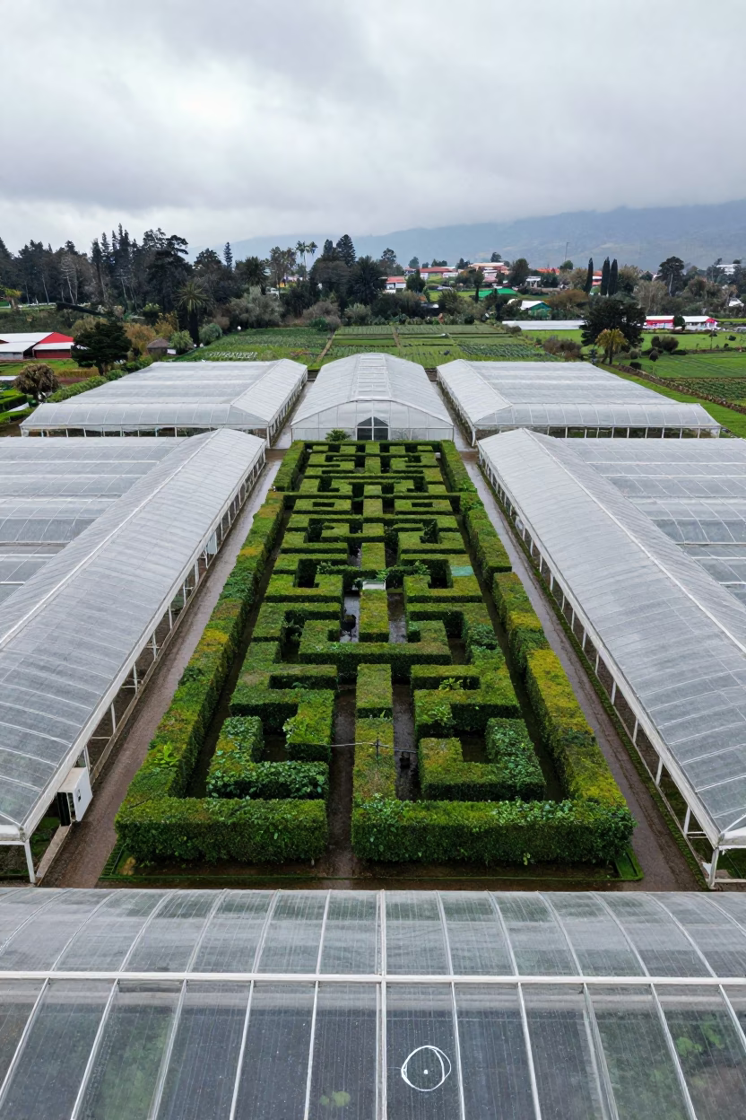 Aerial View of Hedge Maze Over Greenhouse Grids Peru in high over greenhouse grids in Peru