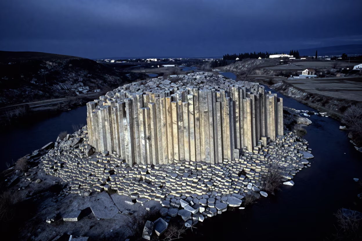 Aerial View of Hexagonal Basalt Columns Near Athens in far above river meanders near Thisio, Athens