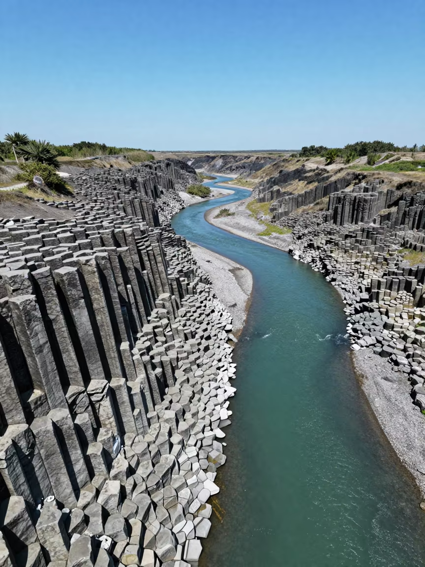 Aerial View of Hexagonal Basalt Columns Above Braided River in high above braided river channels in Kanto