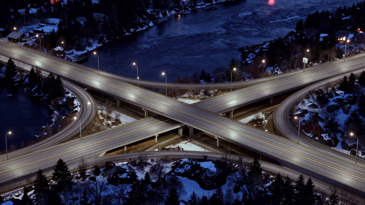 Aerial Highway Interchange Over Newfoundland River at Night in far above river meanders in Newfoundland