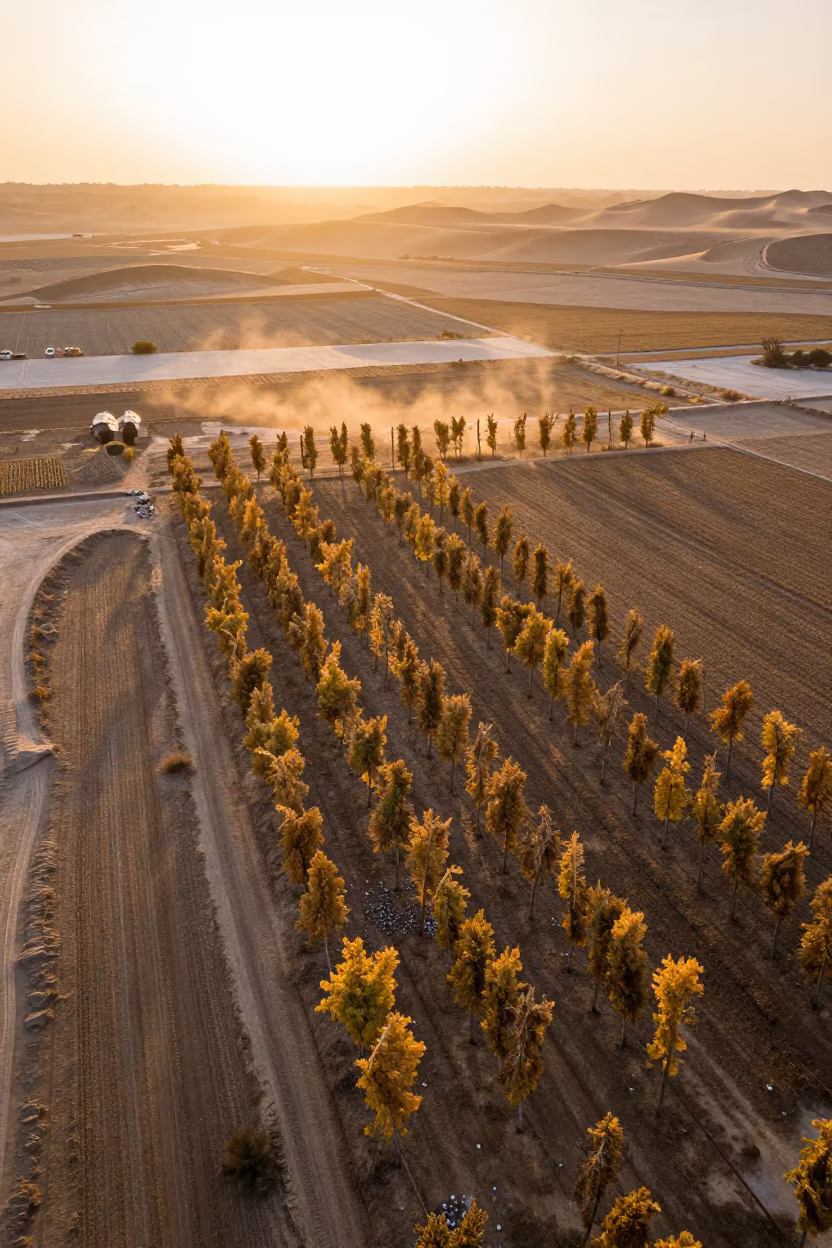 Aerial View of Hop Fields Near Shibin Al Kawm in above dune fields and dry wadis near Shibin Al Kawm