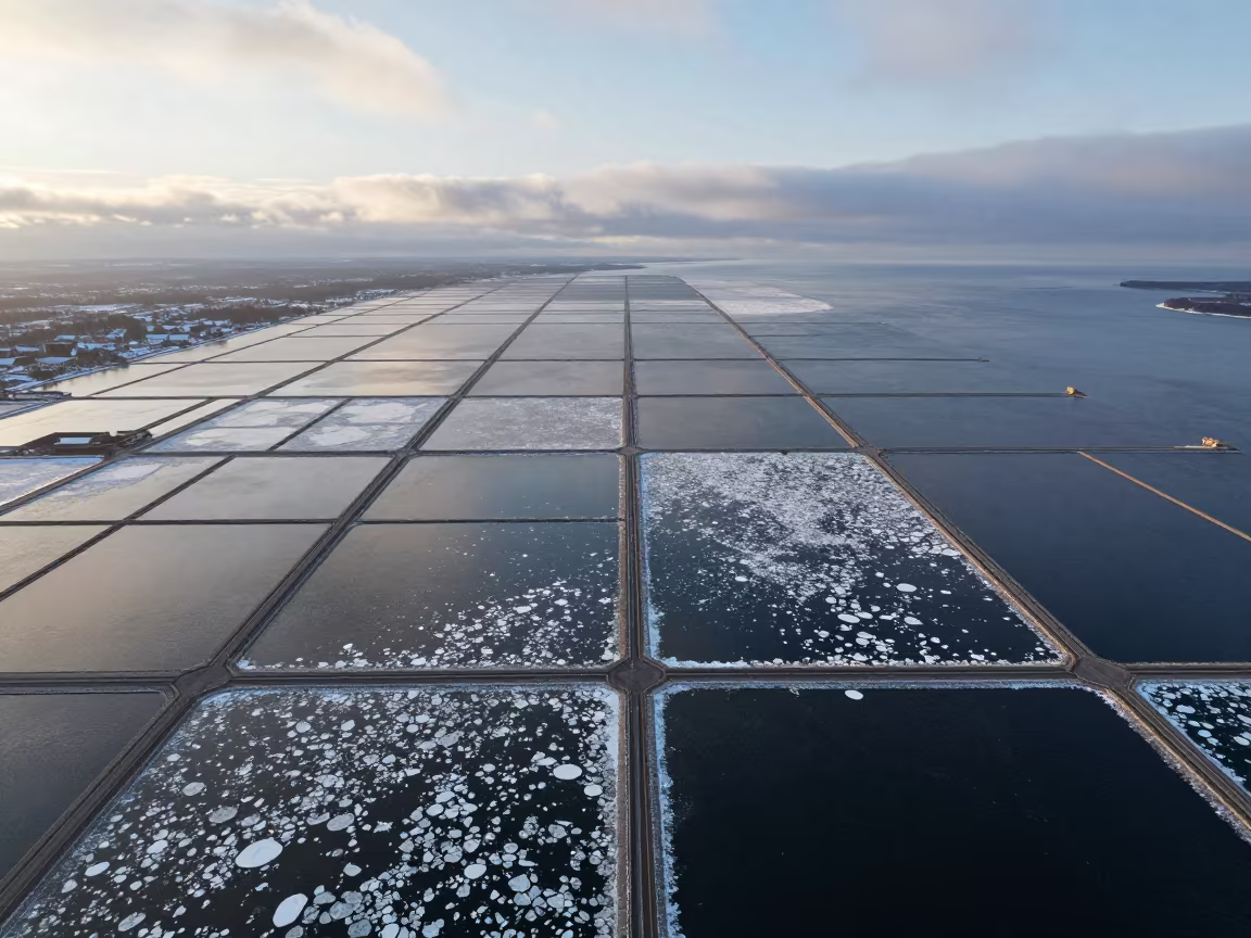 Aerial View of Ice Floes in Sapporo Salt Ponds in high over salt ponds and causeways near Sapporo