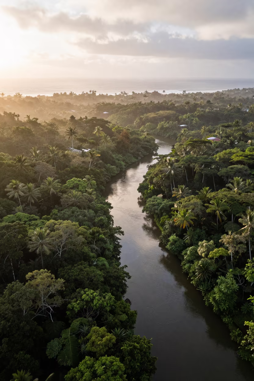 Aerial jungle river vanishing into Hawaii canopy before dawn in far above surf-scalloped coastline in Hawaii