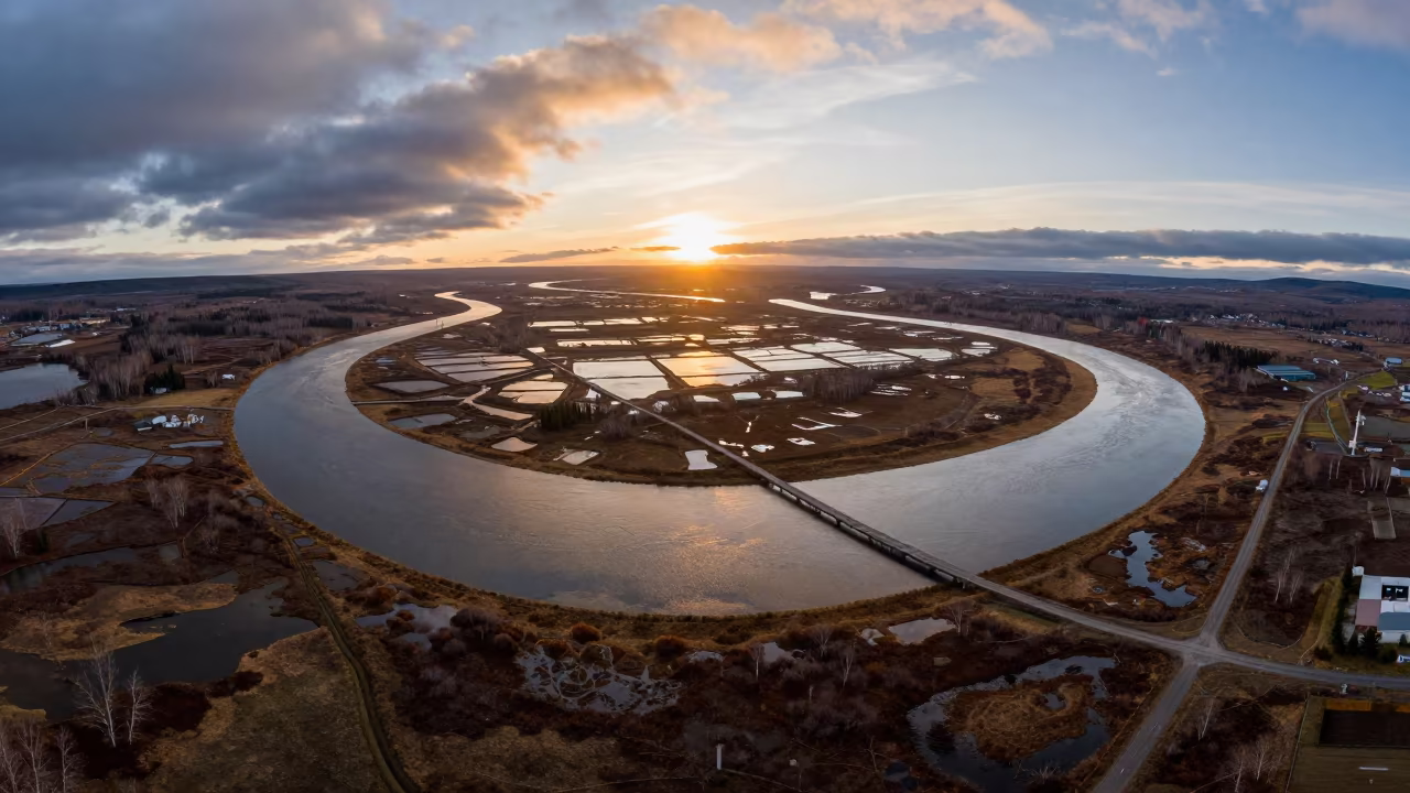 Aerial View of Kamchatka River Delta at Sunset in high over salt ponds and causeways in Kamchatka