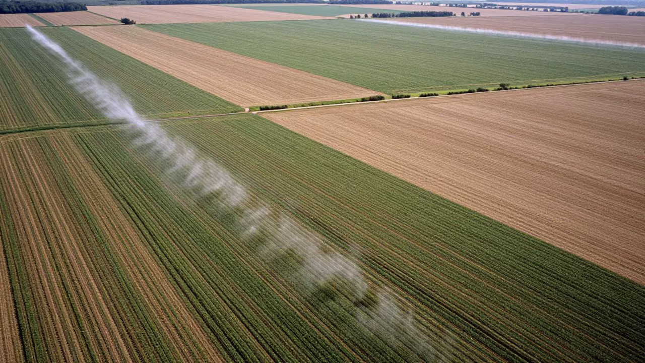 Aerial Kansas Farmland Irrigated Rows in along freshly irrigated rows in Piedmont