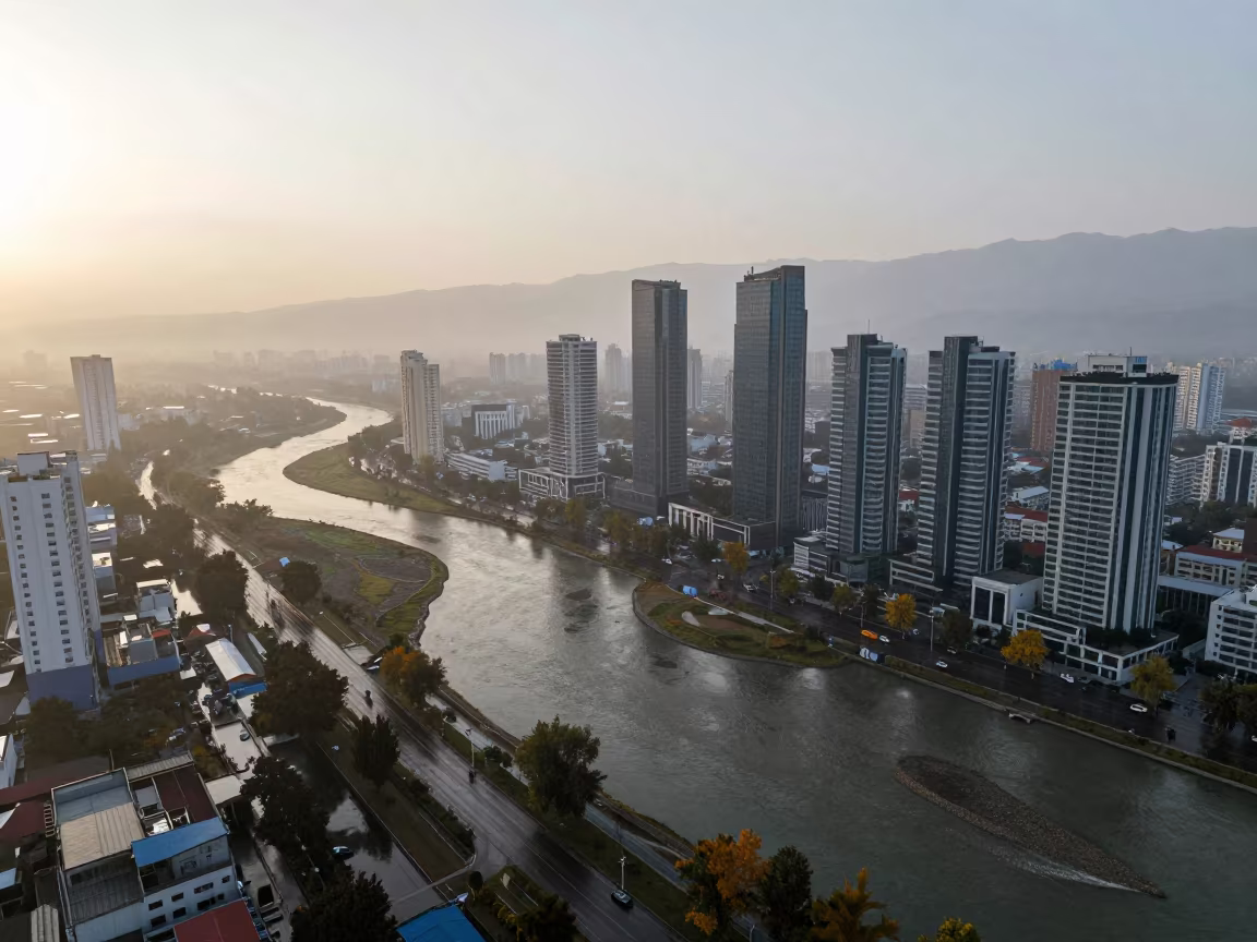 Aerial Kashmir Skyscrapers Rain Morning Shadows in high above braided river channels in Kashmir