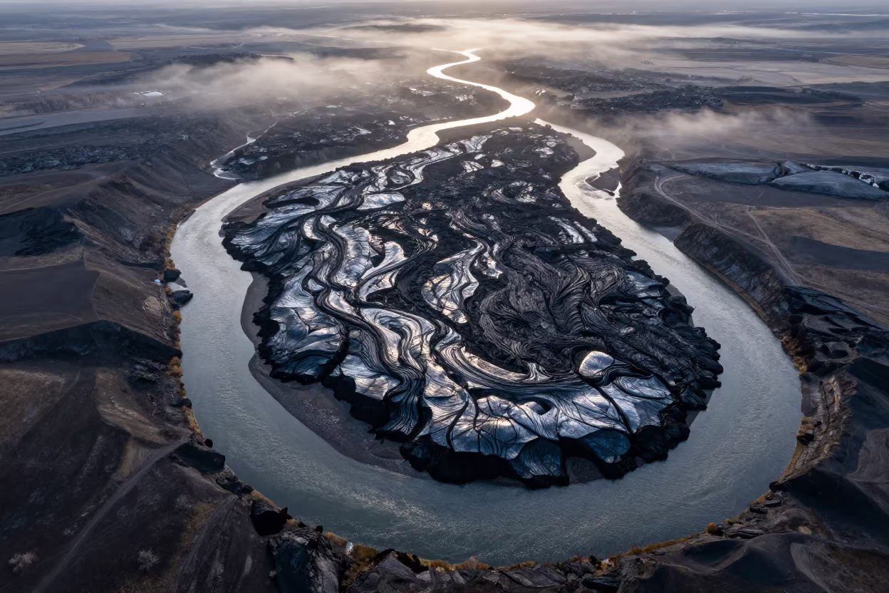 Aerial Lava Field Over Colorado River Valleys in high above braided river channels in Colorado