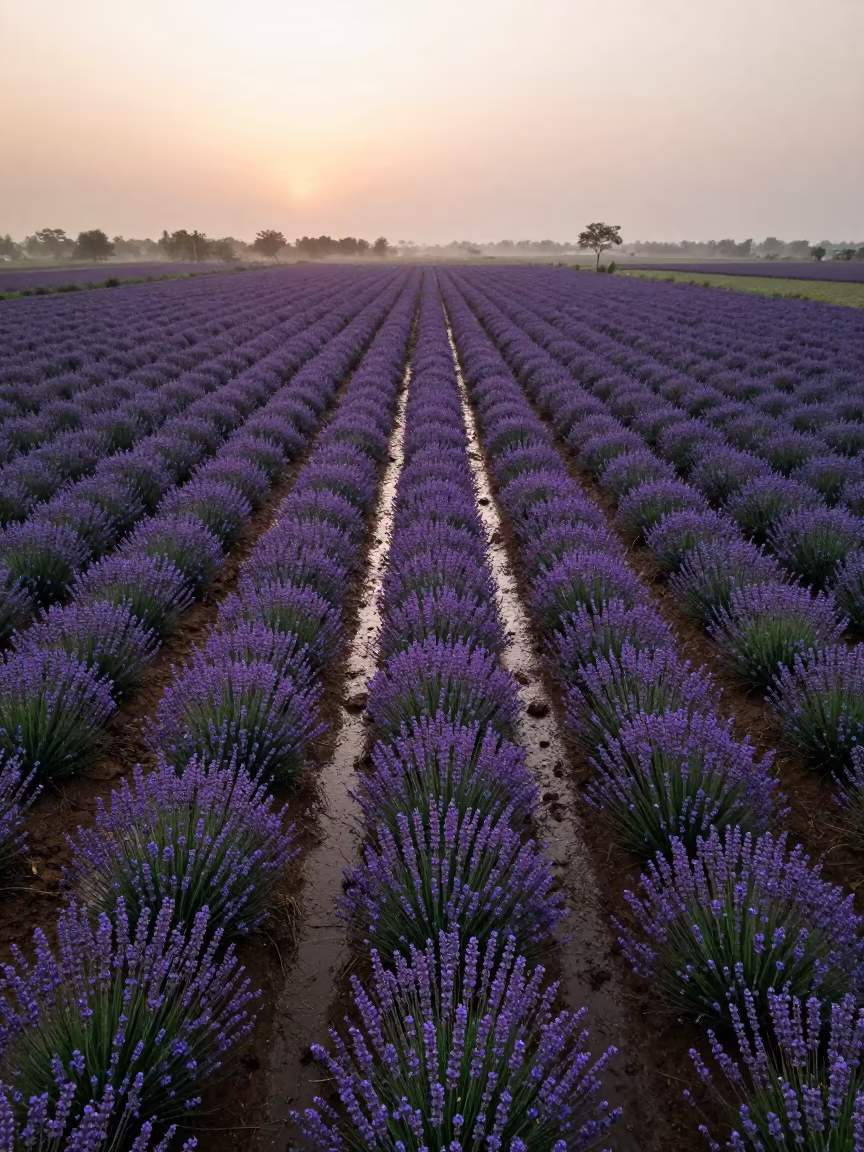Aerial Lavender Fields India Rainy Season in high above irrigation geometry in India