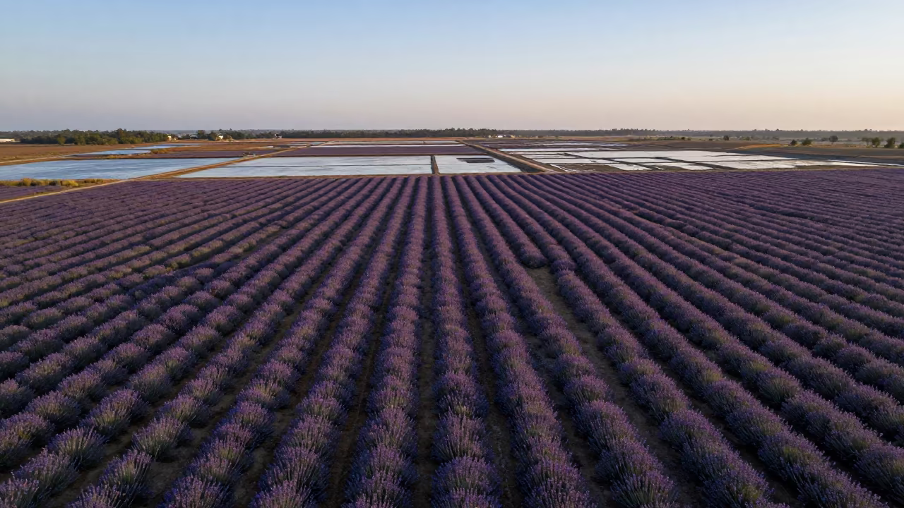 Aerial View of Lavender Rows at Dawn in high over salt ponds and causeways in Mizoram