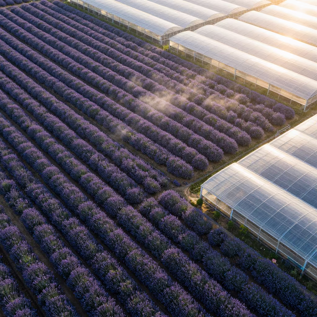 Aerial lavender rows in Taiwan greenhouse in high over greenhouse grids in Taiwan