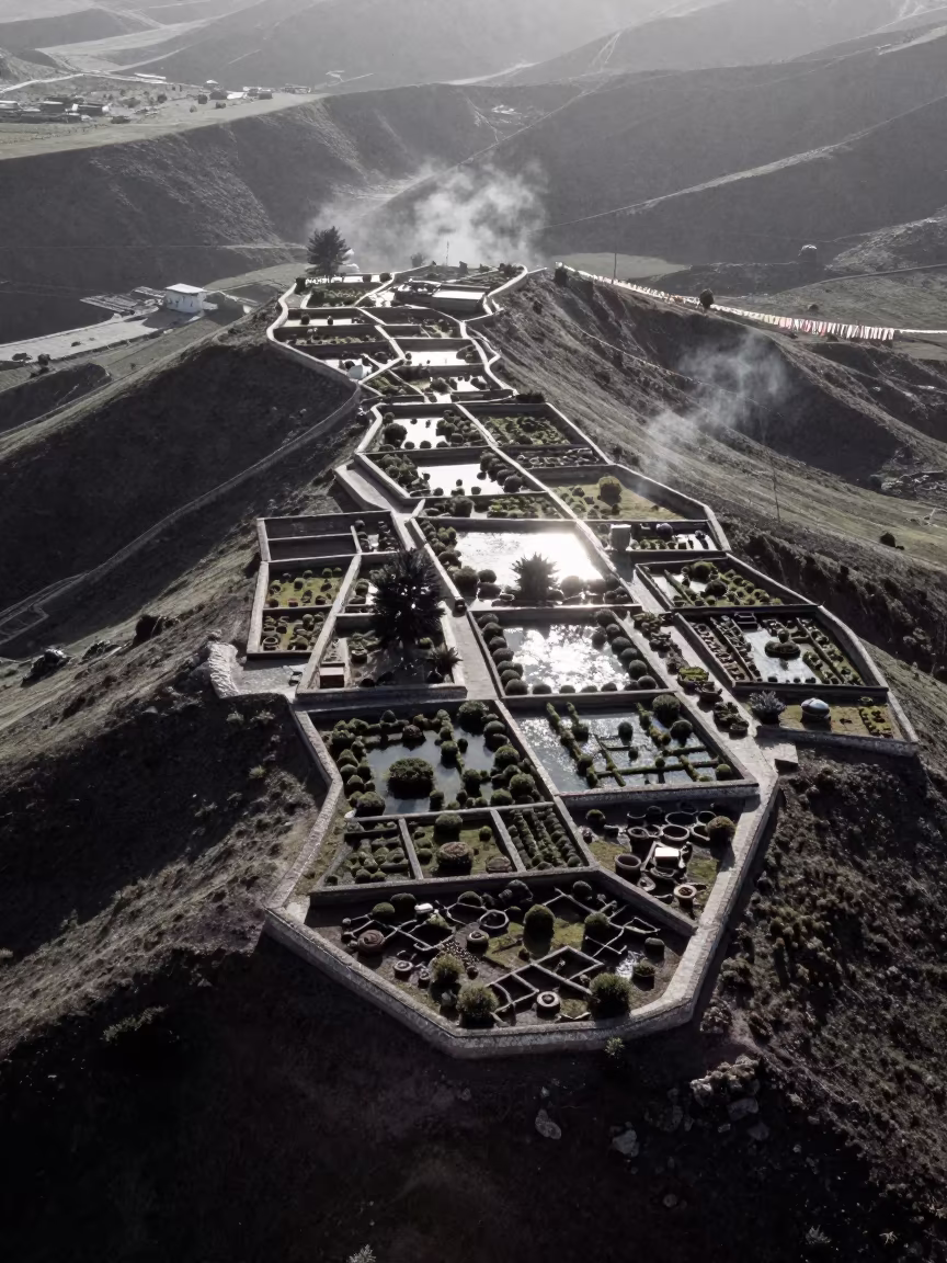 Aerial View of Lhasa Allotment Gardens on Ridge in on a wind-cut ridge below prayer flag lines near Lhasa