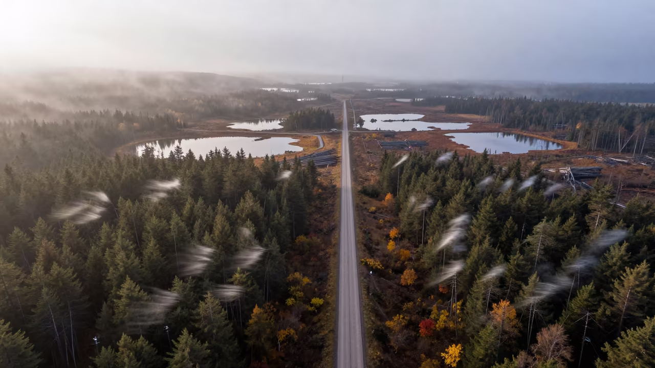 Aerial view of logging road through autumn boreal forest in high over salt ponds and causeways in Andorra